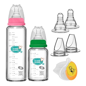buddsbuddy premium welcome baby set for newborn with regular neck bpa free baby glass feeding bottles 125ml 250ml baby pacifiersoother silicone teatsnipplessippy spout teat pack of 7
