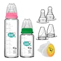 Buddsbuddy Premium Welcome Baby Set for Newborn with Regular Neck BPA Free Baby Glass Feeding Bottles 125ml, 250ml, Baby Pacifier/Soother, Silicone Teats/Nipples,Sippy Spout Teat (Pack of 7)