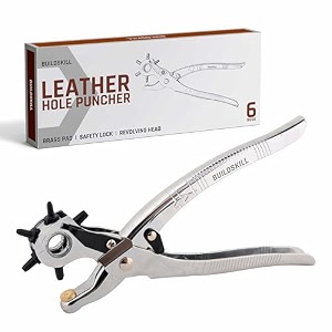 buildskill 6-hole size leather hole punch tool  360 revolving head leather belt hole puncher  chrome finish steel body  phosphate finish punch heads for pet collar bags cards watch bands