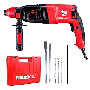 buildskill bgbh26re rotary hammer drill machine 1000wsds plus chuck 26mm850rpm dual mode forwardreverse with variable speed 3 functionsdrill rotary amp chisel with 3 sds drill bits 2chiselred