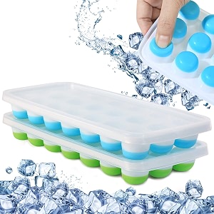 bulfyss 2pc 21 cavity pop up ice cube trays with lid for freezer with easy release flexible silicone bottom stackable 100 bpa free food grade greenblue