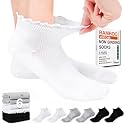 Bulinlulu Diabetic Socks for Women Low Cut, 6 Pairs Diabetic Ankle Socks for Womens Size 9-11 | Non Binding,Ruffle(Medium,White+Grey+Black)