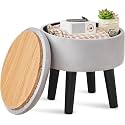 Round Storage Ottoman Footstool Footrest Soft Padded Foot Stool with Solid Wood Legs Accent Side Table Step Stool Extra Seating for Hallway Living Room Bedroom Entryway-Grey