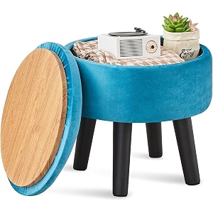 round storage ottoman footstool round footrest soft padded foot stool with solid wood legs accent side table step stool extra seating for hallway living room bedroom entryway- sky blue