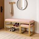 Shoe Rack Bench Organizer with Mesh Seat for Bedroom Entry Window Mudroom Living Room, 2-Tier Fleece Bench for Entryway- Pink