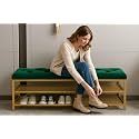 Shoe Rack Bench Organizer with Tuffted Button Mesh Seat for Bedroom Entry Window Mudroom Living Room, 2-Tier Fleece Bench Bench for Entryway- Green