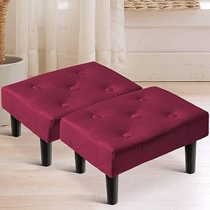 small set of 2 velvet soft foot rest ottoman with wood legs extra seating sofa footrest for living room entryway- maroon
