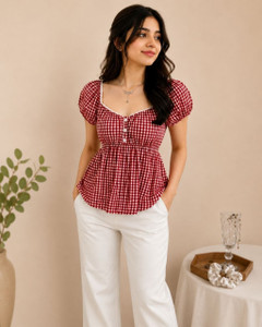 Bullish Casual Checkered Women Red White Top
