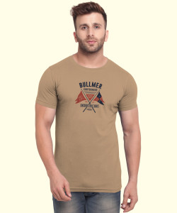 bullmer men printed round neck cotton blend beige t-shirt