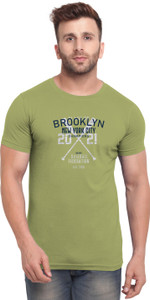 bullmer men printed round neck cotton blend green t-shirt