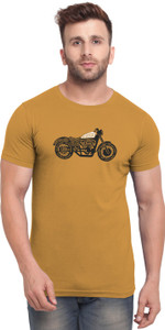 bullmer men printed round neck cotton blend yellow t-shirt