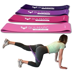 bulmarc resistance band loop set of 4  exercise bands with 30 exercise guide amp carry bag for squats hips legs butt glutes amp home workouts