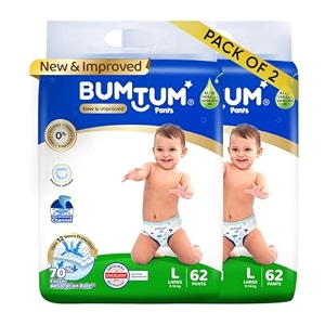 bumtum baby diaper pants large size 124 count double layer leakage protection infused with aloe vera cottony soft high absorb technology pack of 2