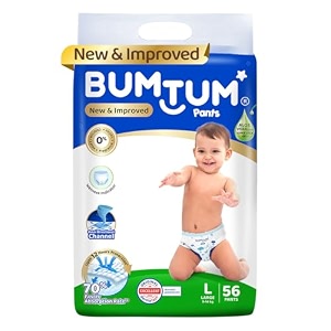 bumtum baby diaper pants large size 56 count double layer leakage protection infused with aloe vera cottony soft high absorb technology pack of 1