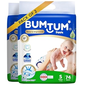 bumtum baby diapers  pant style baby diapers small size 74 count  double layer leakage protection infused with aloe vera cottony soft high absorb technology 74 count pack of 1