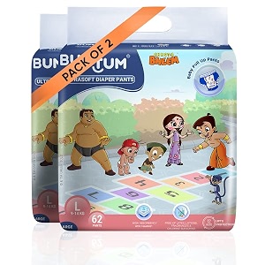 bumtum chota bheem baby diapers  pant style baby diapers large size 124 count  double layer leakage protection infused with aloe vera cottony soft high absorb technology 62 count pack of 2