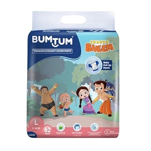 bumtum premium ultrasoft chota bheem baby diaper pants-l 62 count  12hr leak protection  cottony soft  fast absorption  360 comfort amp adl tech