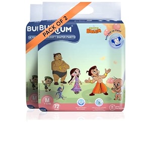 bumtum chota bheem baby diapers  pant style baby diapers medium size 144 count  double layer leakage protection infused with aloe vera cottony soft high absorb technology 72 count pack of 2