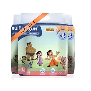 bumtum chota bheem medium baby diaper pants leakage protection infused with aloe vera cottony soft high absorb technology pack of 3 72 pcs per pack