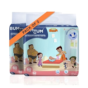 bumtum chota bheem baby diapers  pant style baby diapers new born size 120 count  double layer leakage protection infused with aloe vera cottony soft high absorb technology 60 count pack of 2