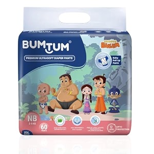 bumtum chota bheem new born baby diaper pants 60 count leakage protection infused with aloe vera cottony soft high absorb technology pack of 1