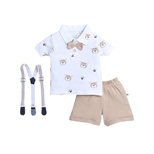 bumzee boys regular fit half sleeves collar neck cotton t-shirt short set with bow suspender