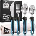 BUNMO Adaptive Utensils for Elderly | Blue Adaptive Weighted Utensils for Hand Tremors, Parkinsons, Arthritis | Handicap Silverware Built Up Flatware for Adults | Assistive Eating Cutlery