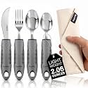 BUNMO Adaptive Utensils for Elderly, Tremors &amp; Weak Hand Grips – 4pc Lightweight Assistive Silverware Set with Foam Easy Grip Handles – Discreet Canvas Travel Wrap – Dishwasher Safe