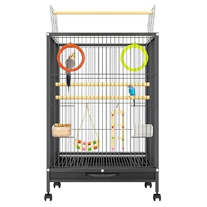 buraq 30-inch large bird cage with 3 pcs toys for parrots budgies amp cockatiels  spacious metal cage with 2 feeding bowls wooden perches rolling stand black n1