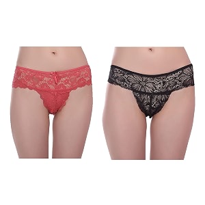 pack of 2 women39s polyestersexy lace thong pantybikini briefslow waist underwearstylish designer innerwear - red amp black small