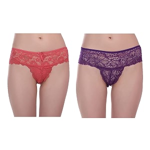 pack of 2 women39s polyestersexy lace thong pantybikini briefslow waist underwearstylish designer innerwear - red amp purple small