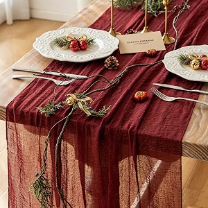 Fall Christmas Decorations Burgundy Cheesecloth Table Runner