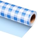 Burymento Blue Checkerboard Wrapping Paper, Reversibe Bue Gift Wrap for Birthday, Baby Shower, Valentines, Mothers day, Graduation, Wedding, Fathers day, Christmas (17in x 32.8ft)
