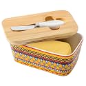 Butter Dish with Lid for Countertop, Hasense Large Ceramic Bohemian Butter Container Keeper Holder with Cover and Knife for Fridge, Airtight Butter Stoage Box for East West Butter, Golden Bloom