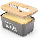 Ceramic Butter Dish with Lid and Knife &amp; Silicone Seal for Countertop Grey