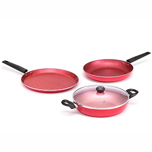 butterfly coral dlx kcp 3 non stick cookware set tawa 250 mm  fry pan 240 mm  kadai 240 mm  induction base premium virgin aluminum  pfoa free  scratch resistant  velvet red