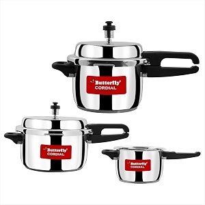 butterfly cordial 2l 3l amp 5l ss pressure cooker combo  stainless steel  induction amp gas stove compatible isi certified triple safety system silver