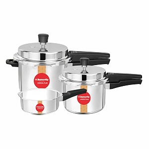butterfly cordial plus 2l 3l amp 5l ss pressure cooker combo  stainless steel  induction amp gas stove compatible isi certified triple safety system silver