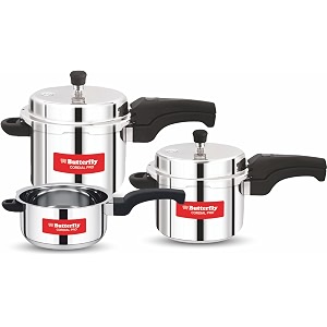butterfly cordial pro 2l 3l amp 5l ss pressure cooker combo  stainless steel  induction amp gas stove compatible isi certified triple safety system silver