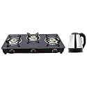 Butterfly Glass Smart Open 3 Burner Gas Stove with EKN 1.5-L Water Kettle (Stove - Black, Kettle - Silver, Black)