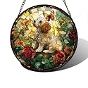 Butterfly Puppy in Rose Stained Glass Window Hanging Suncatcher Gifts 6.3"
