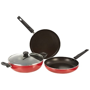 butterfly rapid non stick 3 pcs set  kadai with glass lid  dosaroti tawa  fry pan  induction base  pfoa free  scratch resistant  for cooking curry dal ricebiryani  red