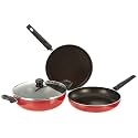 Butterfly Rapid Non Stick 3 Pcs Set | Kadai with Glass Lid | Dosa/Roti Tawa | Fry Pan | Induction Base | PFOA Free | Scratch Resistant | for Cooking Curry, Dal, Rice/Biryani | Red