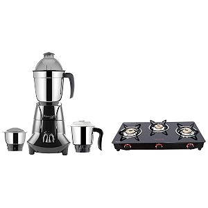 butterfly smart glass 3 burner gas stove black manual amp cordial induction base aluminium pressure cooker 3 litres silver amp jet elite 750-watt mixer grinder grey