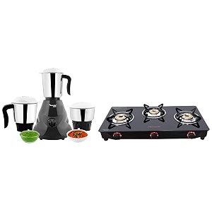 butterfly smart glass 3 burner gas stove blackbutterfly hero 500-watt mixer grinder with 3 jars grey open