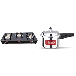 butterfly smart glass 3 burner gas stove black amp butterfly cordial non induction base aluminium pressure cooker with outer lid 3 litres silver