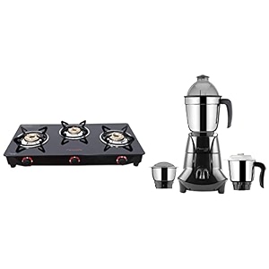 butterfly smart glass 3 burner gas stove black manual amp jet elite 750-watt mixer grinder with 3 jars grey