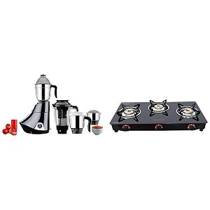 butterfly smart glass 3 burner gas stove black amp smart 750-watt mixer grinder with 4 jar grey combo open