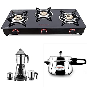 butterfly smart glass open 3 burner gas stove blackamp curve stainless steel outer lid pressure cooker 55 litreamp jet elite 750-watt mixer grinder with 3 jars grey