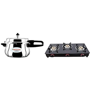 butterfly smart glass 3 burner gas stove black manual amp curve stainless steel pressure cooker 55 litre